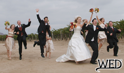 wedding reception bride and groom with their wedding party jumping in front of a vineyard and Wedding Entertainment Director® logo